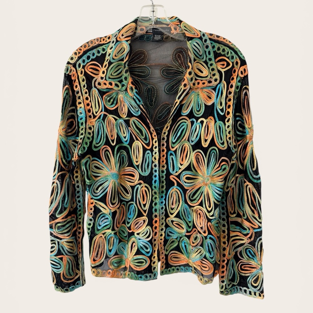 Casual Studio Vintage Multicolor Floral Ribbon Embroidered Zip-Up Jacket